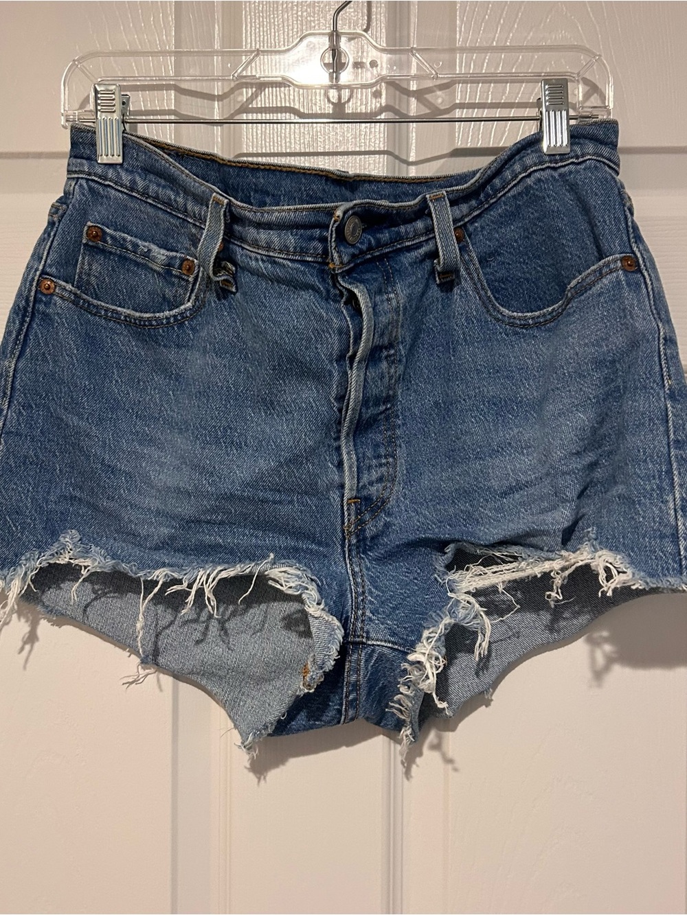 Levi’s 501 Original Classic High-Waist Distressed Denim Shorts - Medium Blue